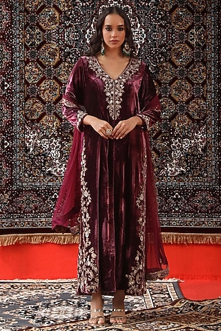 Deep Wine Velvet Zardosi Hand Embroidered Kurta Set by SABE