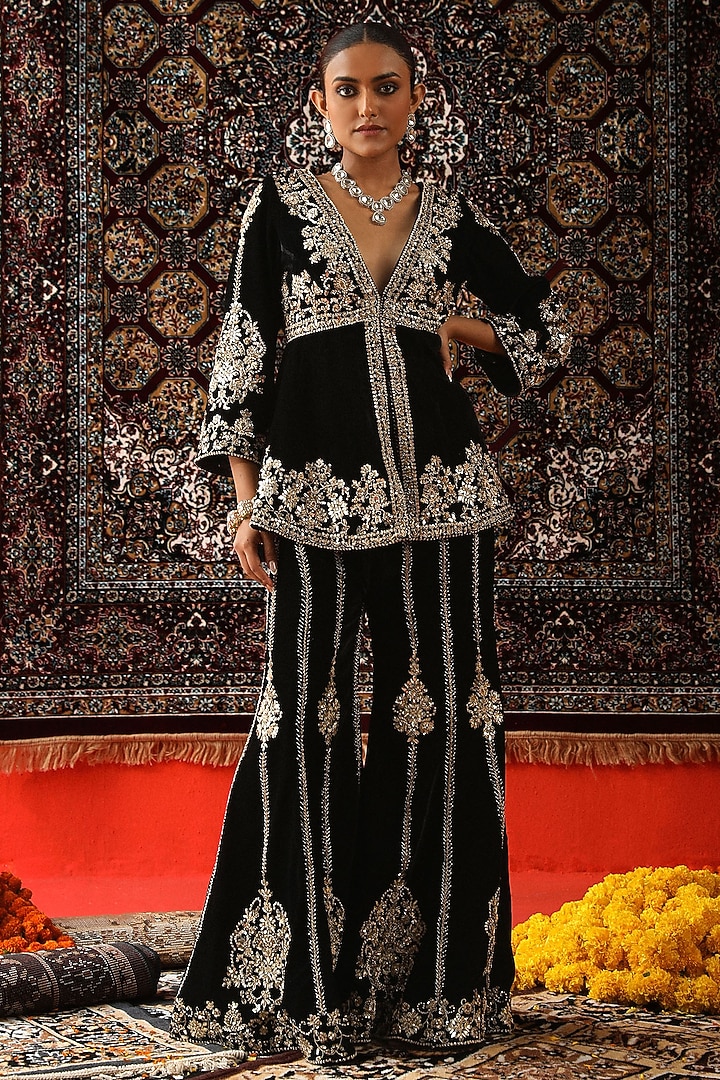 Black Velvet Gota Patti Embroidered Bridal Sharara Set by SABE at Pernia's Pop Up Shop