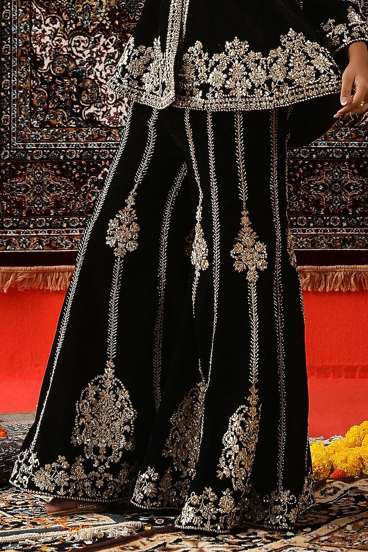 Black Velvet Gota Patti Embroidered Bridal Sharara Set by SABE at Pernia's Pop Up Shop
