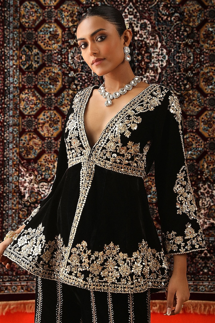 Black Velvet Gota Patti Embroidered Bridal Sharara Set by SABE at Pernia's Pop Up Shop