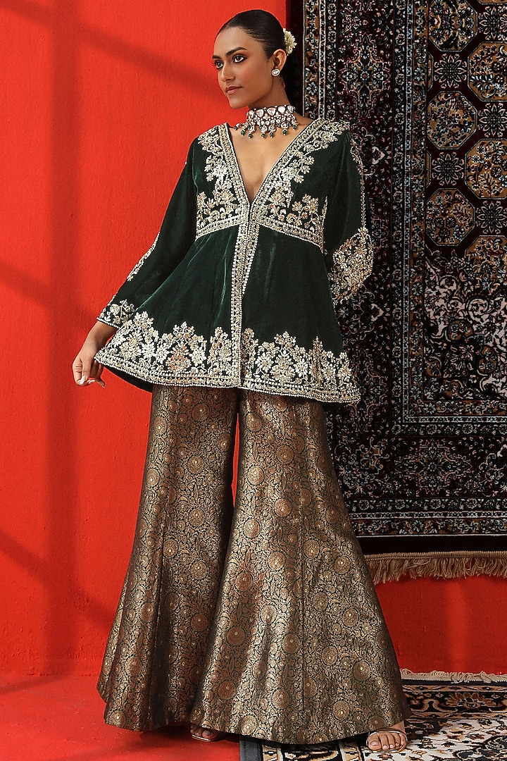 Bottle Green Brocade Wedding Sharara Set by SABE at Pernia's Pop Up Shop