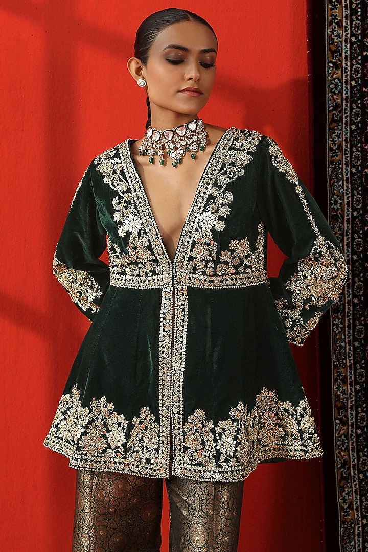 Bottle Green Brocade Wedding Sharara Set by SABE at Pernia's Pop Up Shop