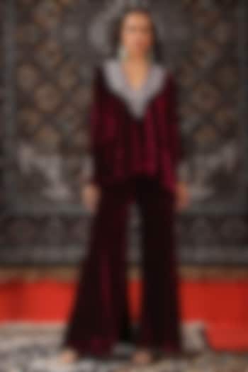 Deep Wine Velvet Wedding Sharara Set by SABE at Pernia's Pop Up Shop