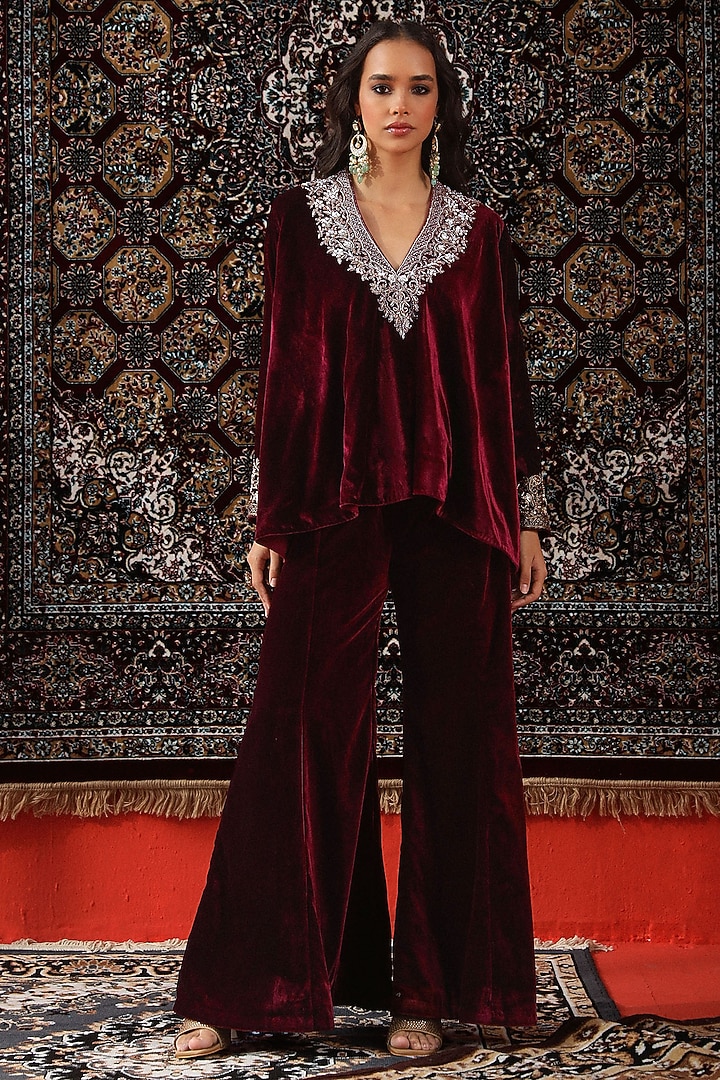 Deep Wine Velvet Wedding Sharara Set by SABE at Pernia's Pop Up Shop