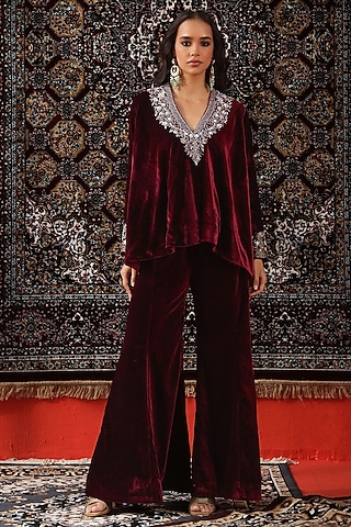 Deep Wine Velvet Sharara Set by SABE