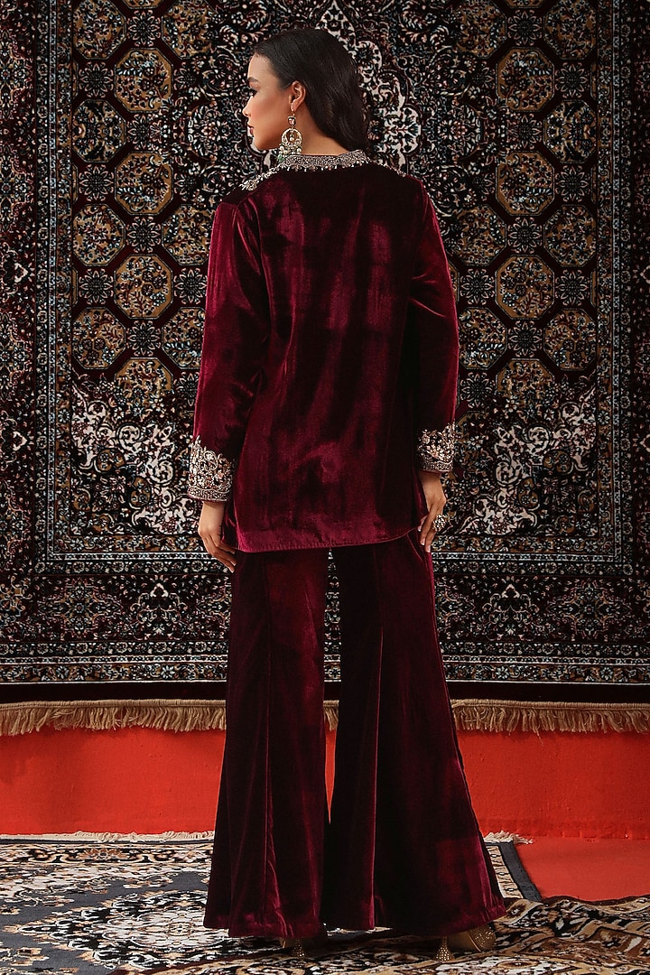 Deep Wine Velvet Wedding Sharara Set by SABE at Pernia's Pop Up Shop