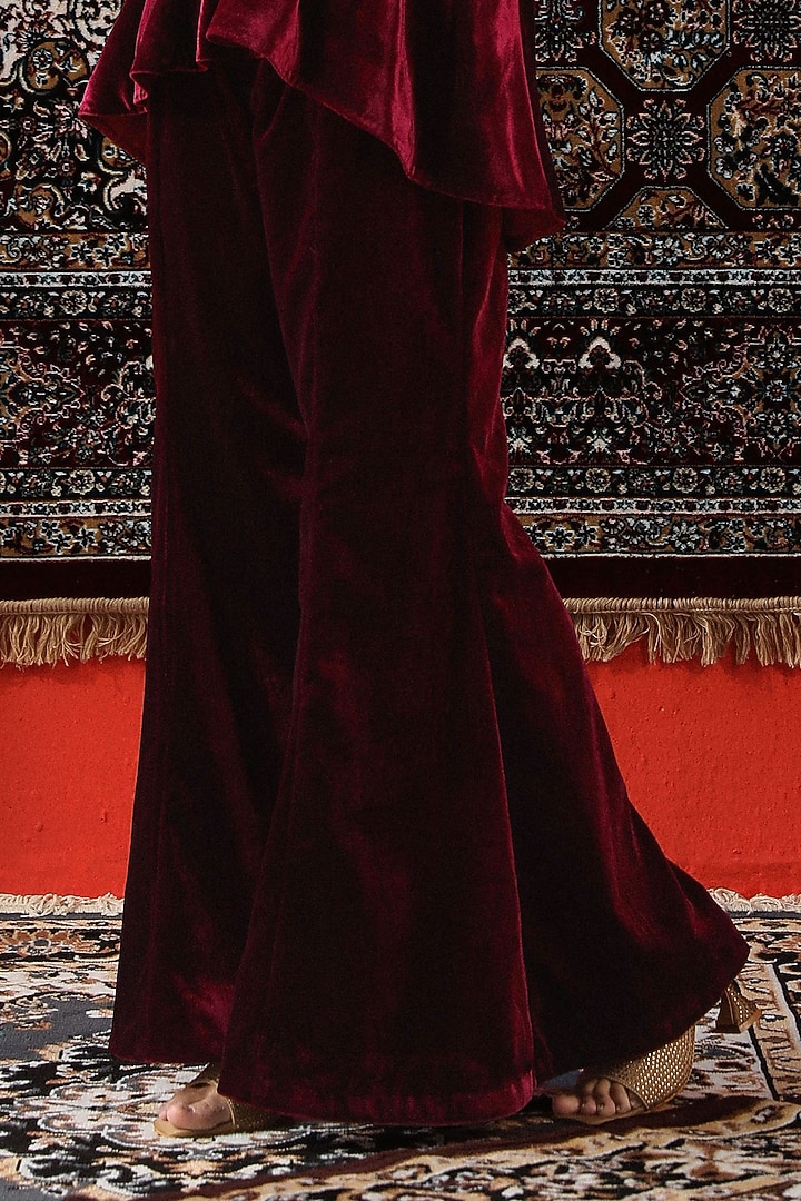 Deep Wine Velvet Wedding Sharara Set by SABE at Pernia's Pop Up Shop