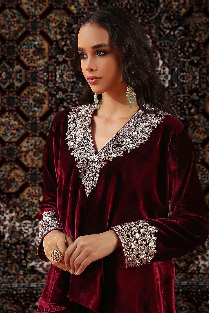 Deep Wine Velvet Wedding Sharara Set by SABE at Pernia's Pop Up Shop