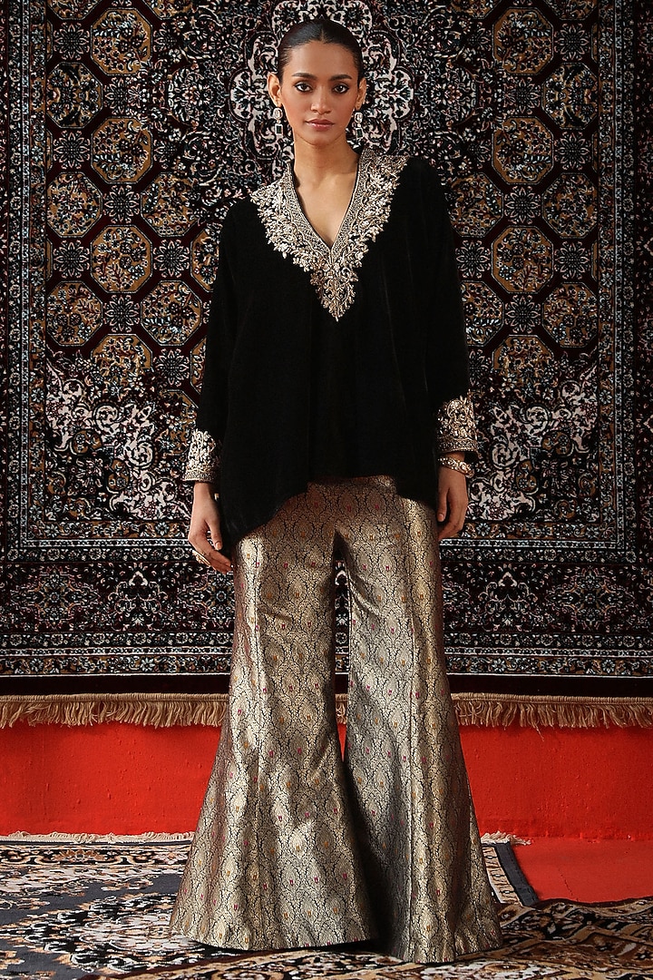 Black Brocade Wedding Sharara Set by SABE at Pernia's Pop Up Shop