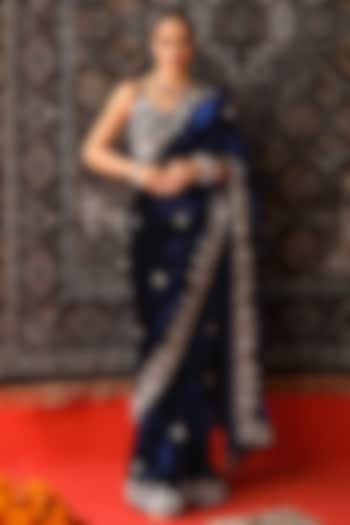 Deep Blue Velvet Zardosi Embroidered Reception Saree Set by SABE at Pernia's Pop Up Shop