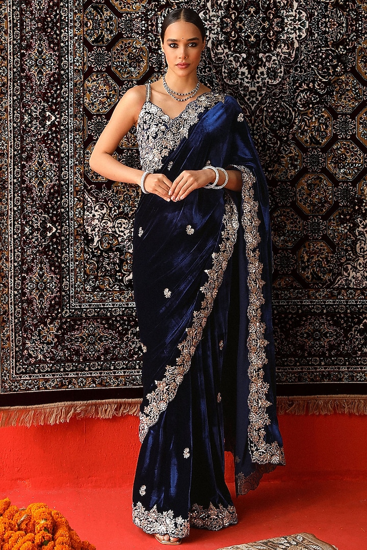 Deep Blue Velvet Zardosi Embroidered Reception Saree Set by SABE at Pernia's Pop Up Shop