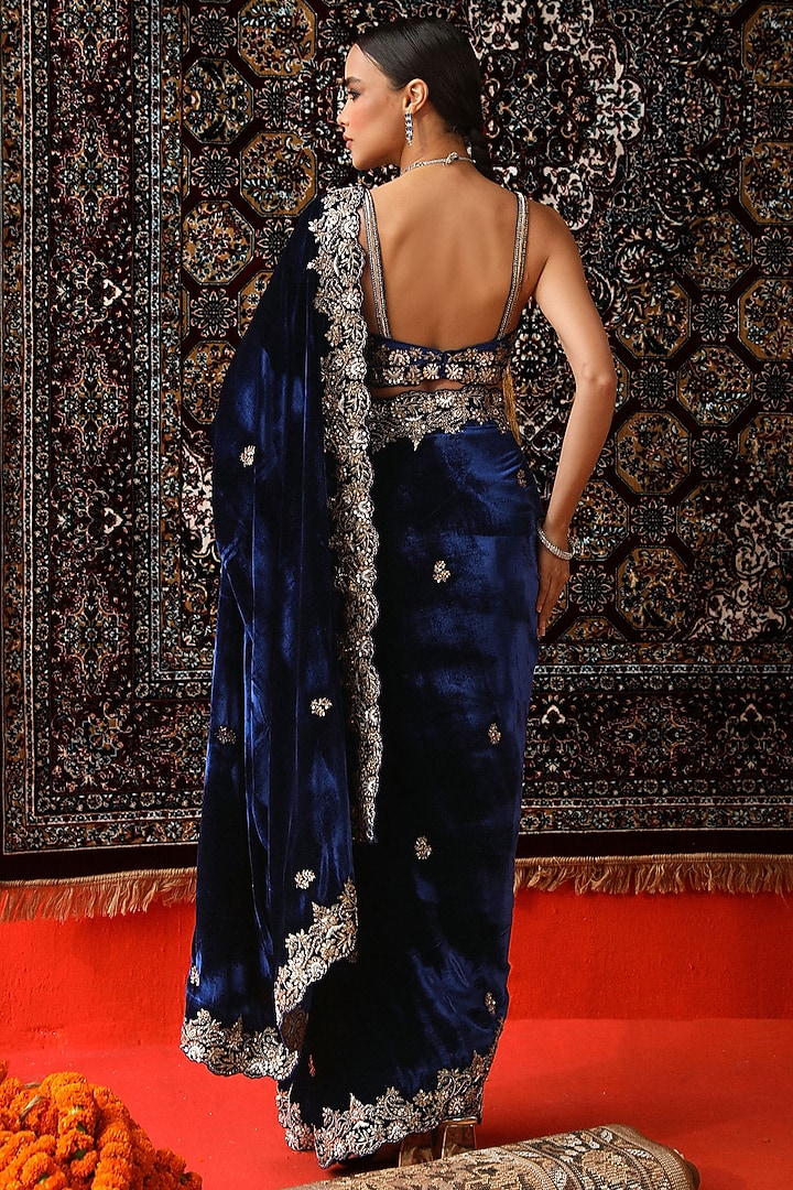 Deep Blue Velvet Zardosi Embroidered Reception Saree Set by SABE at Pernia's Pop Up Shop