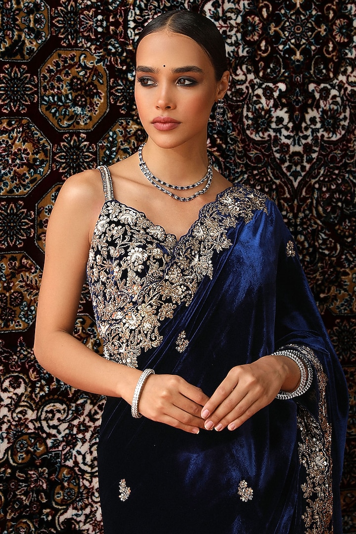 Deep Blue Velvet Zardosi Embroidered Reception Saree Set by SABE at Pernia's Pop Up Shop