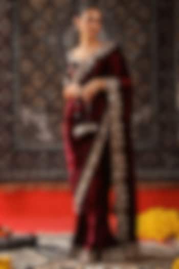 Deep Maroon Velvet Zardosi Embroidered Reception Saree Set by SABE at Pernia's Pop Up Shop