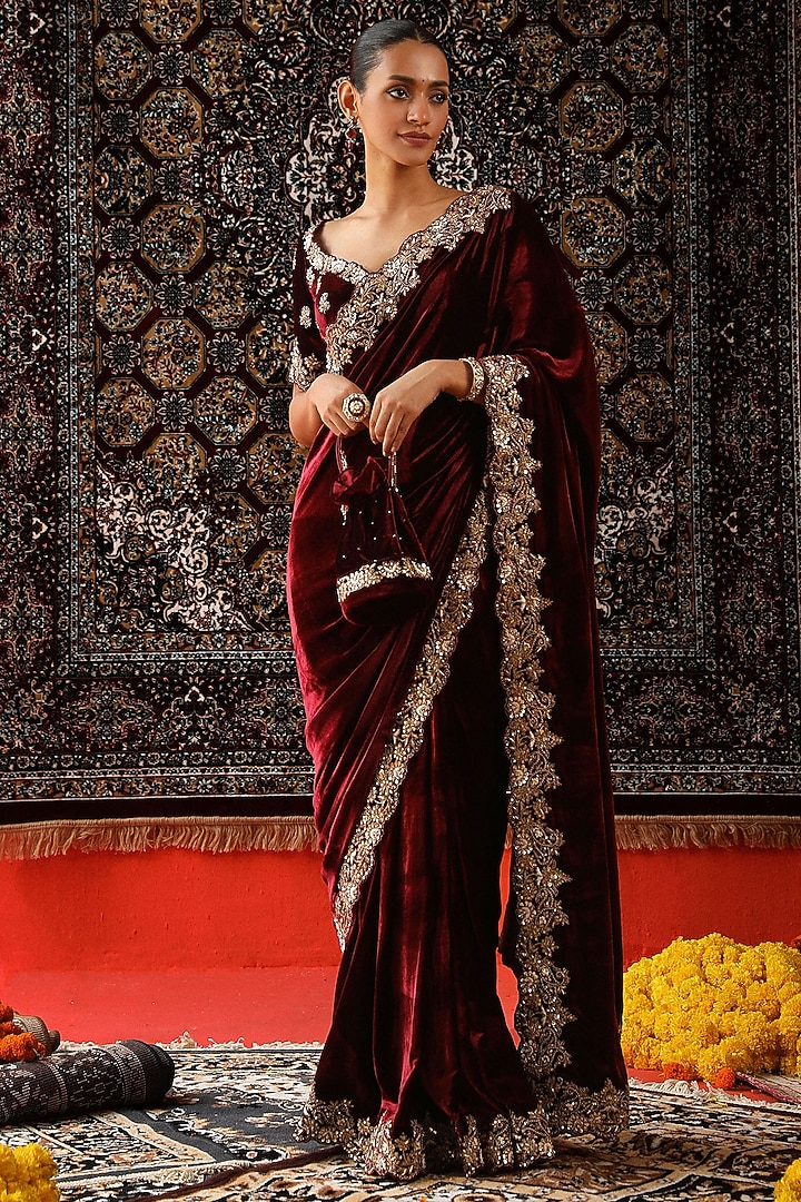 Deep Maroon Velvet Zardosi Embroidered Reception Saree Set by SABE at Pernia's Pop Up Shop