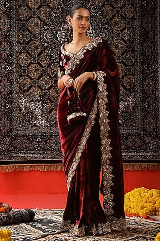 Deep Maroon Velvet Zardosi Embroidered Saree Set by SABE