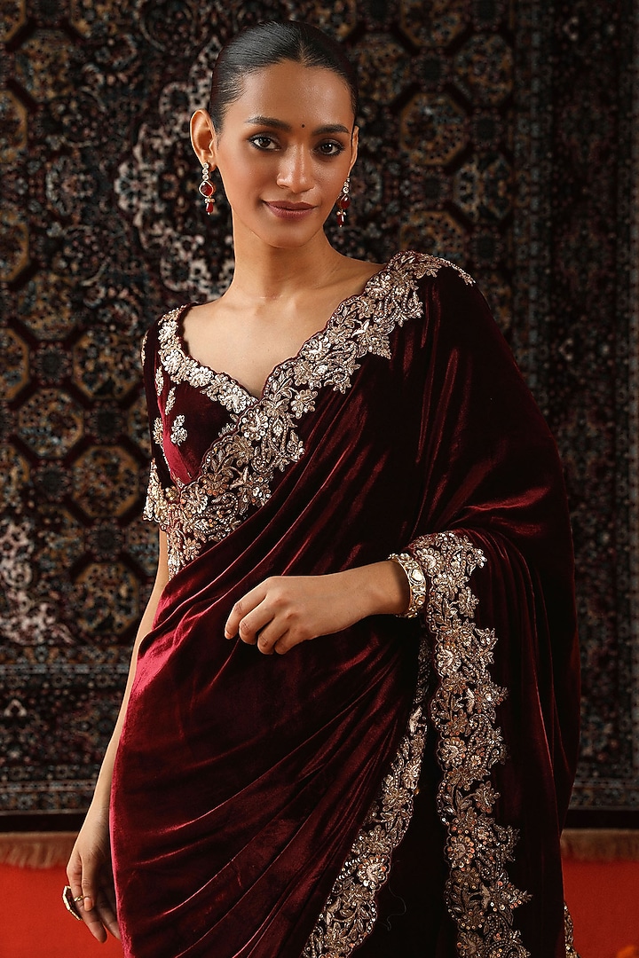 Deep Maroon Velvet Zardosi Embroidered Reception Saree Set by SABE at Pernia's Pop Up Shop
