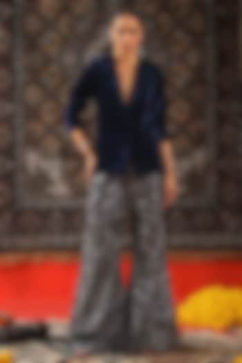Deep Blue Velvet Metal Embroidered Bell-Bottom Pant Set by SABE at Pernia's Pop Up Shop