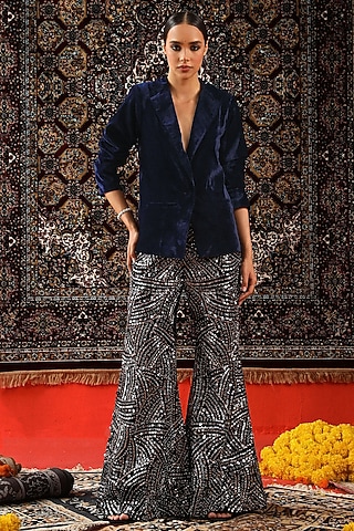 Deep Blue Velvet Metal Embroidered Bell-Bottom Pant Set by SABE