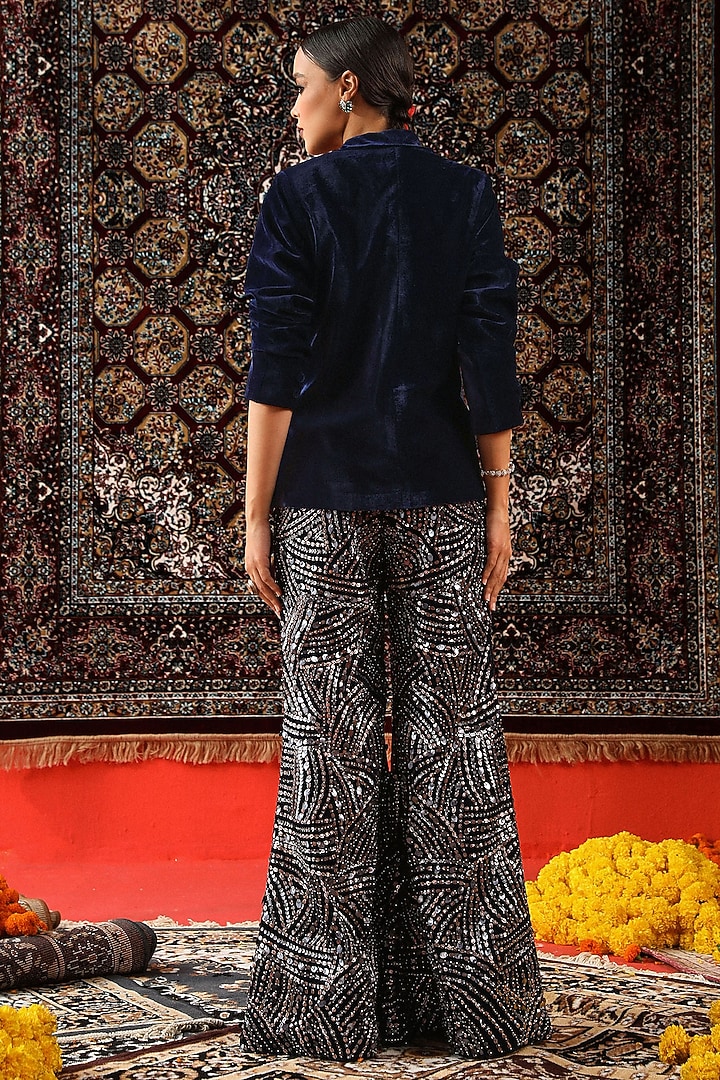 Deep Blue Velvet Metal Embroidered Bell-Bottom Pant Set by SABE at Pernia's Pop Up Shop