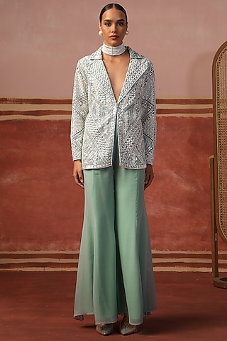 Teal Georgette Flared Pant Set by SABE