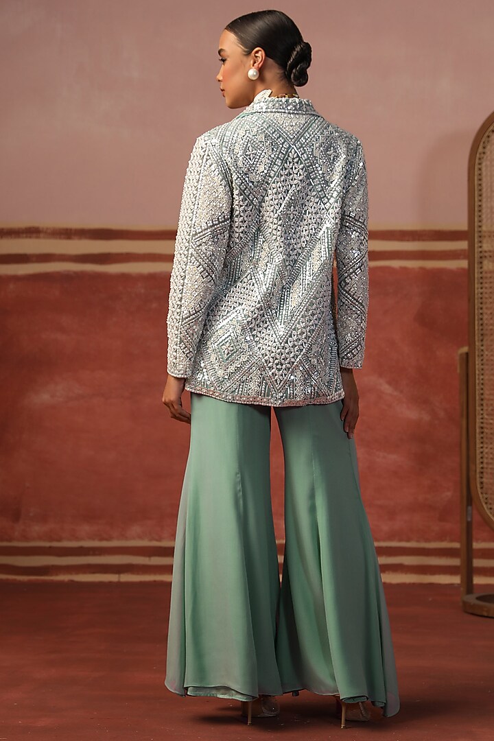 Teal Georgette Flared Pant Set by SABE at Pernia's Pop Up Shop