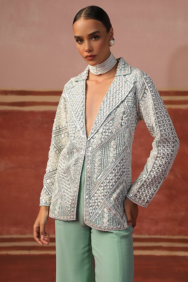 Teal Georgette Flared Pant Set by SABE at Pernia's Pop Up Shop