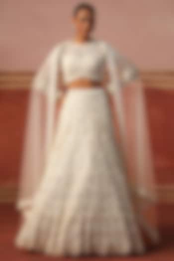 Ivory Net Sequin Embroidered Bridal Lehenga Set by SABE at Pernia's Pop Up Shop