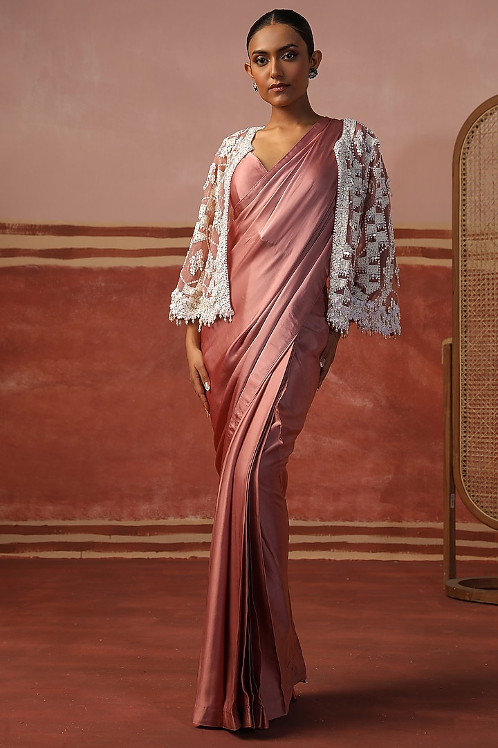 Pink Satin Draped Wedding Saree Set by SABE at Pernia's Pop Up Shop