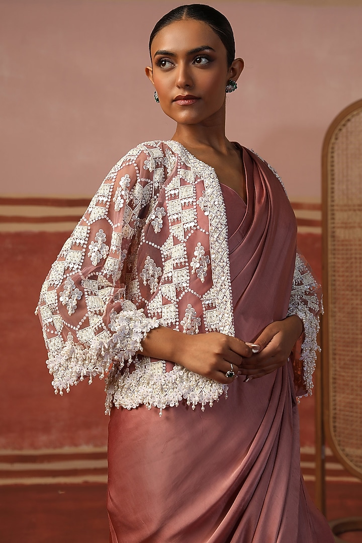 Pink Satin Draped Wedding Saree Set by SABE at Pernia's Pop Up Shop