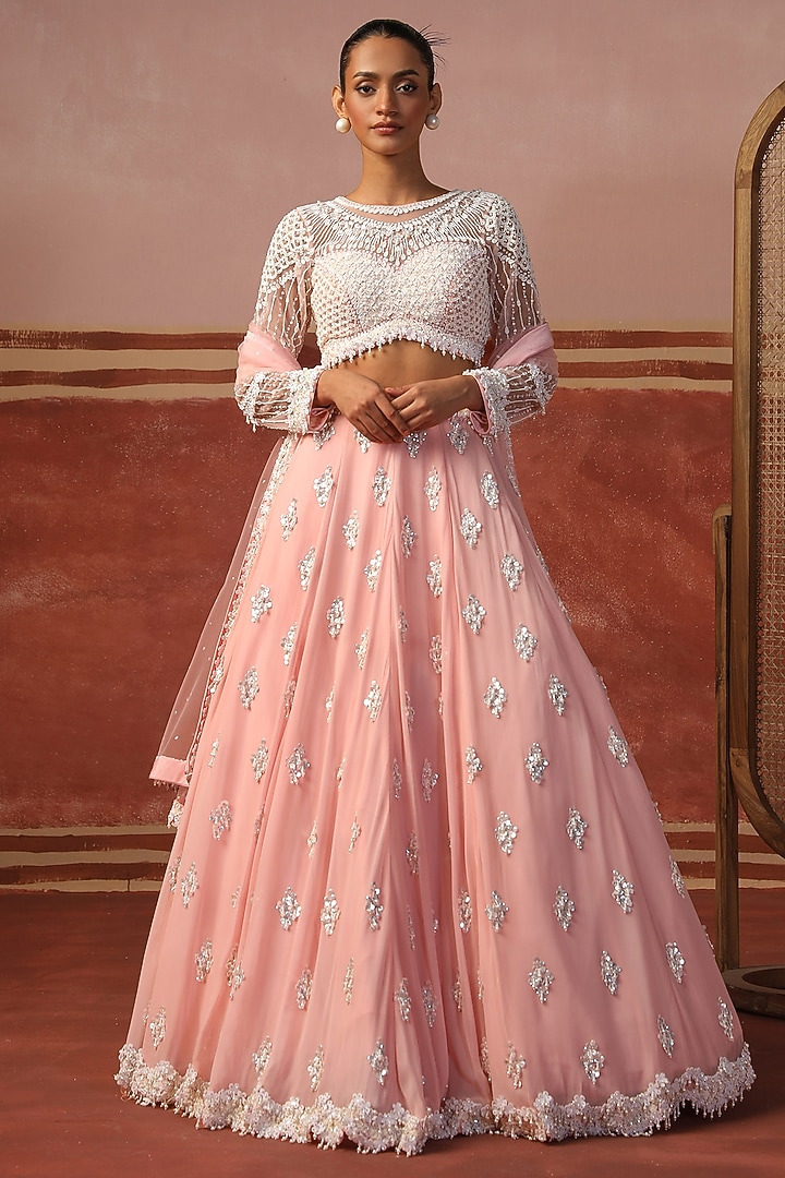 Pink Georgette Sequin Embroidered Wedding Lehenga Set by SABE at Pernia's Pop Up Shop