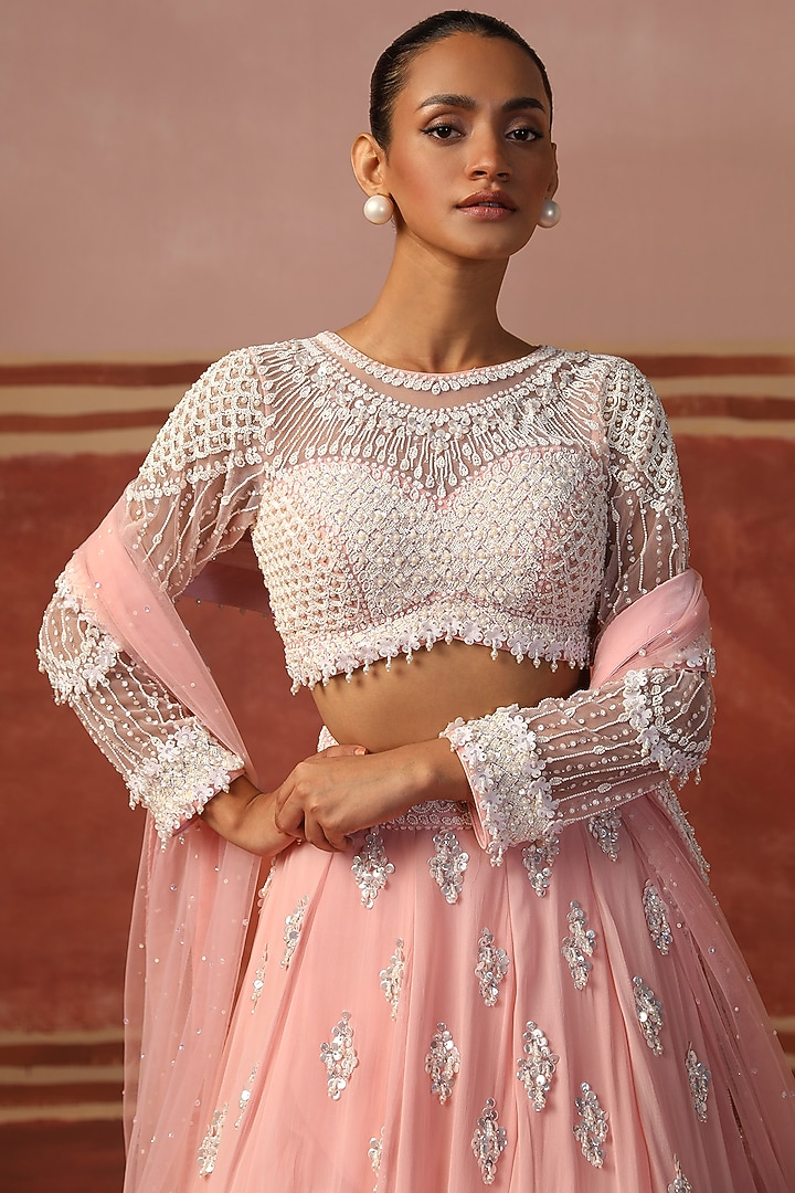 Pink Georgette Sequin Embroidered Wedding Lehenga Set by SABE at Pernia's Pop Up Shop