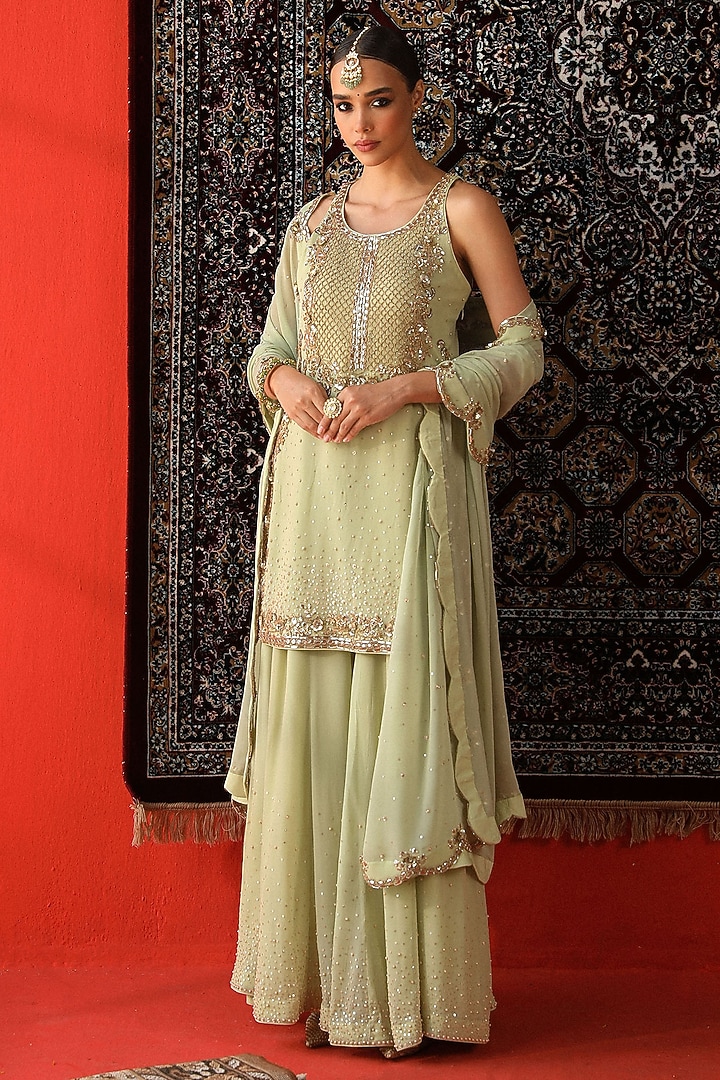 Sage Green Georgette Wedding Sharara Set by SABE at Pernia's Pop Up Shop