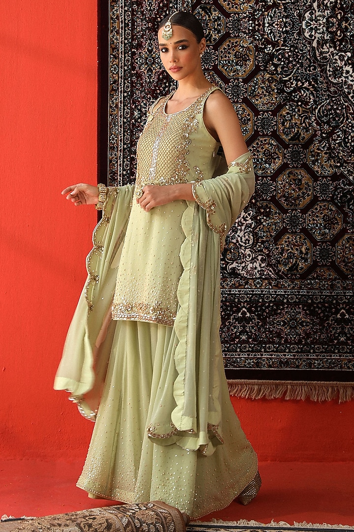 Sage Green Georgette Wedding Sharara Set by SABE at Pernia's Pop Up Shop