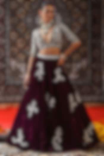 Maroon Velvet Zardosi Embroidered Wedding Lehenga Set by SABE at Pernia's Pop Up Shop