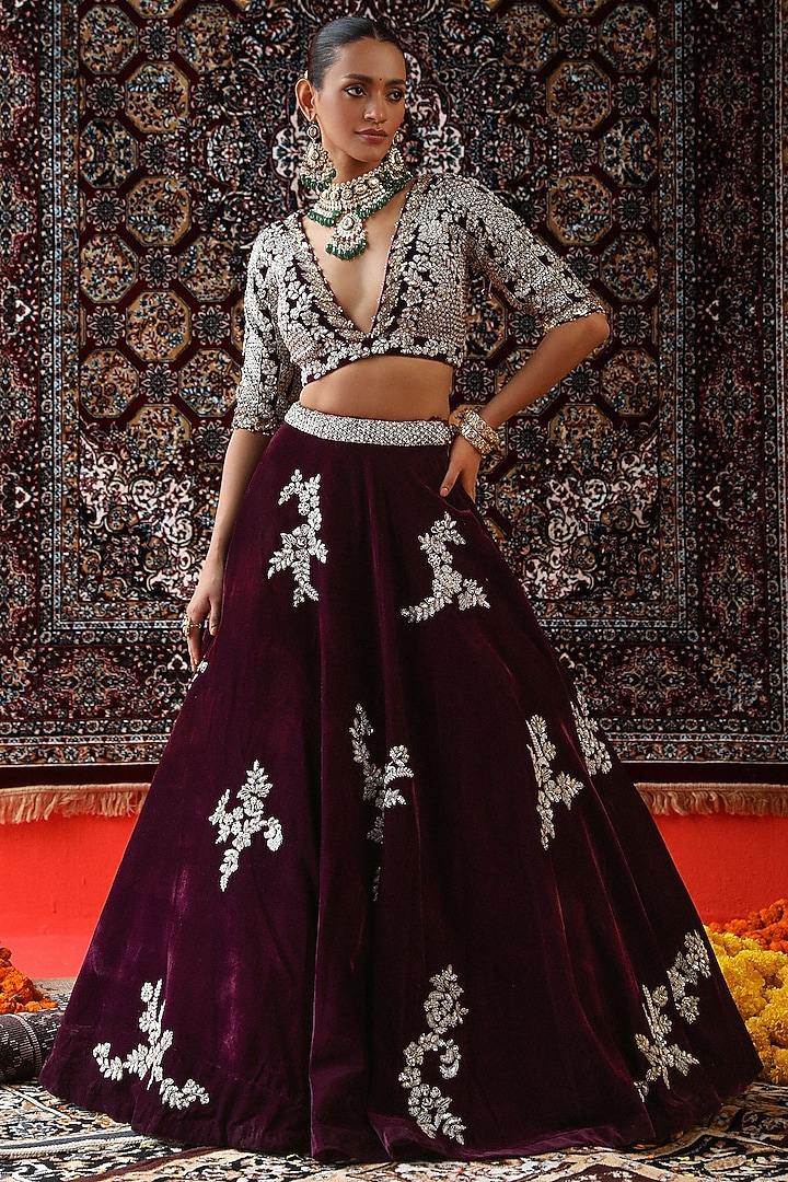 Maroon Velvet Zardosi Embroidered Wedding Lehenga Set by SABE at Pernia's Pop Up Shop