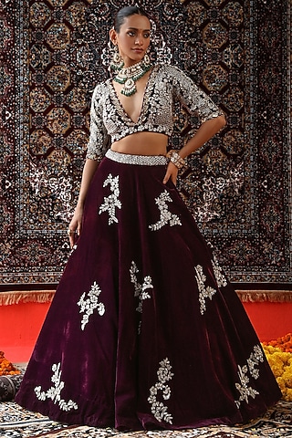 Maroon Velvet Zardosi Embroidered Lehenga Set by SABE