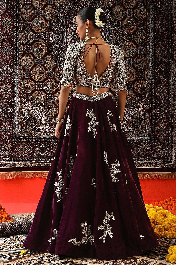 Maroon Velvet Zardosi Embroidered Wedding Lehenga Set by SABE at Pernia's Pop Up Shop