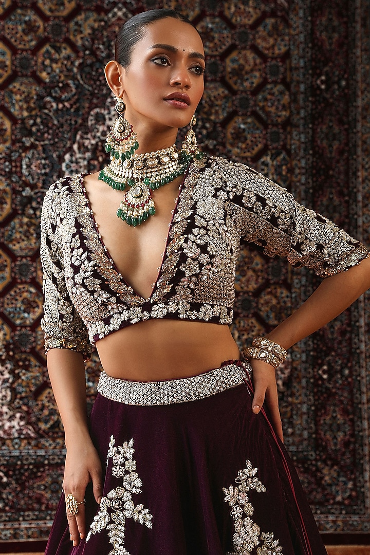 Maroon Velvet Zardosi Embroidered Wedding Lehenga Set by SABE at Pernia's Pop Up Shop
