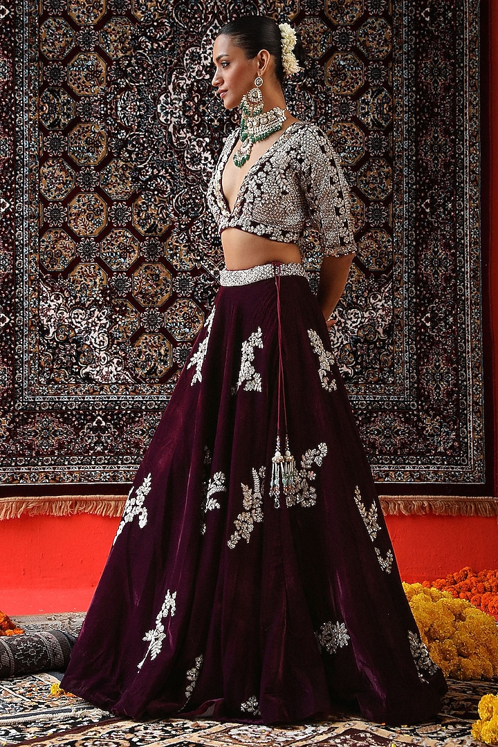 Maroon Velvet Zardosi Embroidered Wedding Lehenga Set by SABE at Pernia's Pop Up Shop