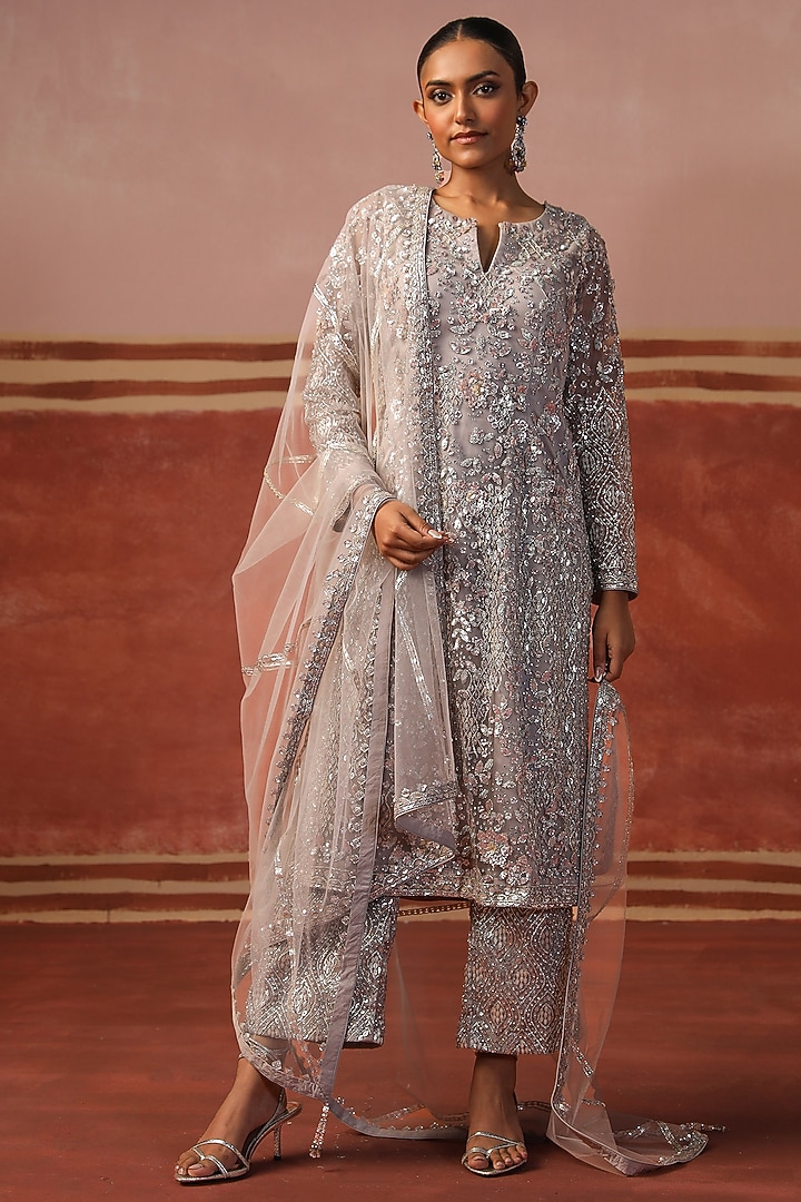 Grey Net Jaal & Zari Embellished Kurta Set by SABE at Pernia's Pop Up Shop