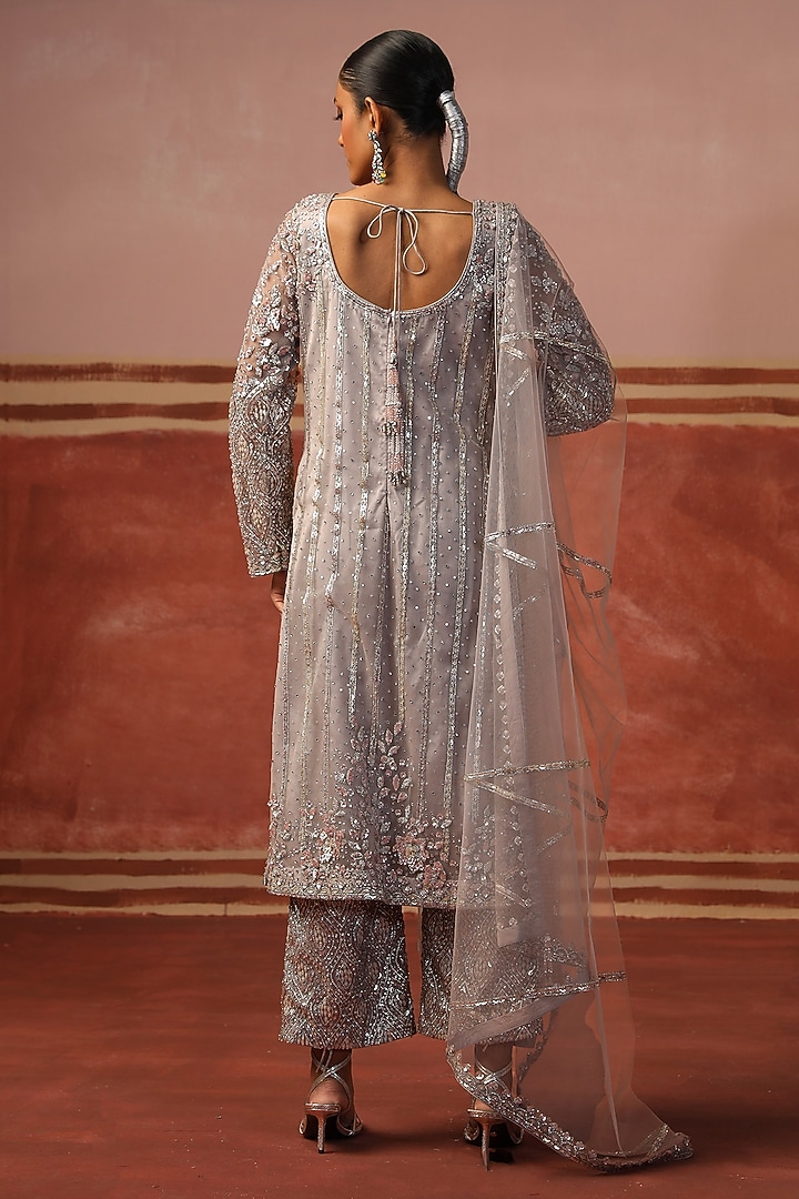 Grey Net Jaal & Zari Embellished Kurta Set by SABE at Pernia's Pop Up Shop