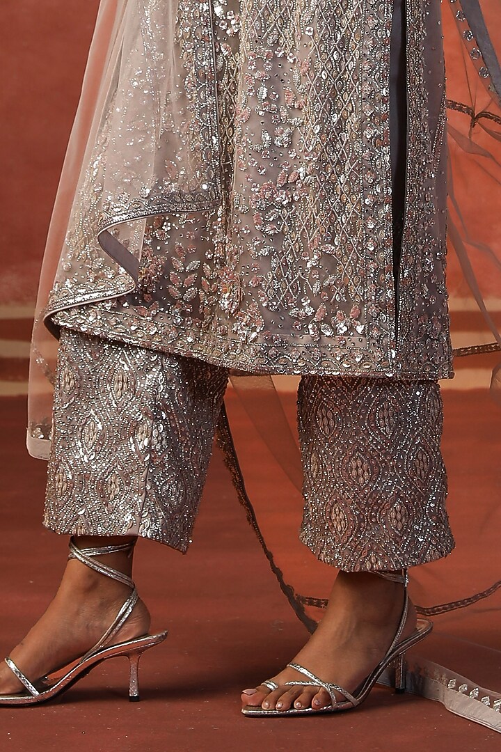 Grey Net Jaal & Zari Embellished Kurta Set by SABE at Pernia's Pop Up Shop