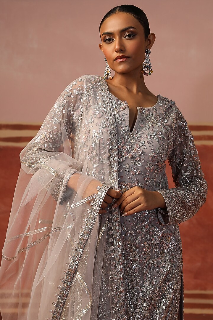 Grey Net Jaal & Zari Embellished Kurta Set by SABE at Pernia's Pop Up Shop