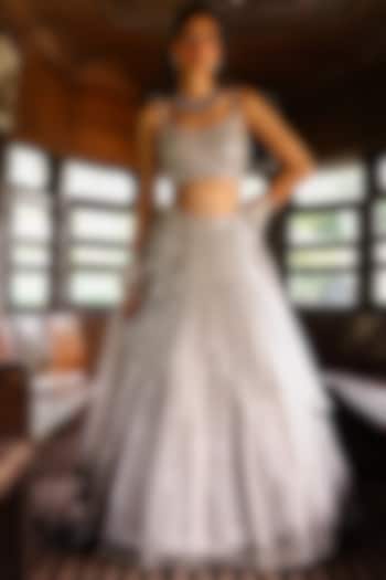 Silver & Grey Pure Tissue Mirror & Zari Hand Embroidered Wedding Lehenga Set by SABE at Pernia's Pop Up Shop