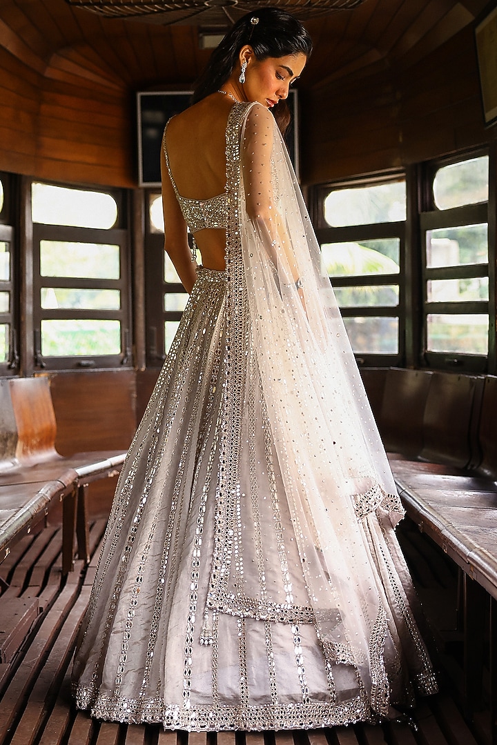 Silver & Grey Pure Tissue Mirror & Zari Hand Embroidered Wedding Lehenga Set by SABE at Pernia's Pop Up Shop