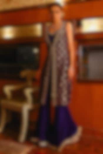 Navy Blue Pure Bandhani Silk Sequins & Zari Hand Embroidered Jacket Set by SABE at Pernia's Pop Up Shop