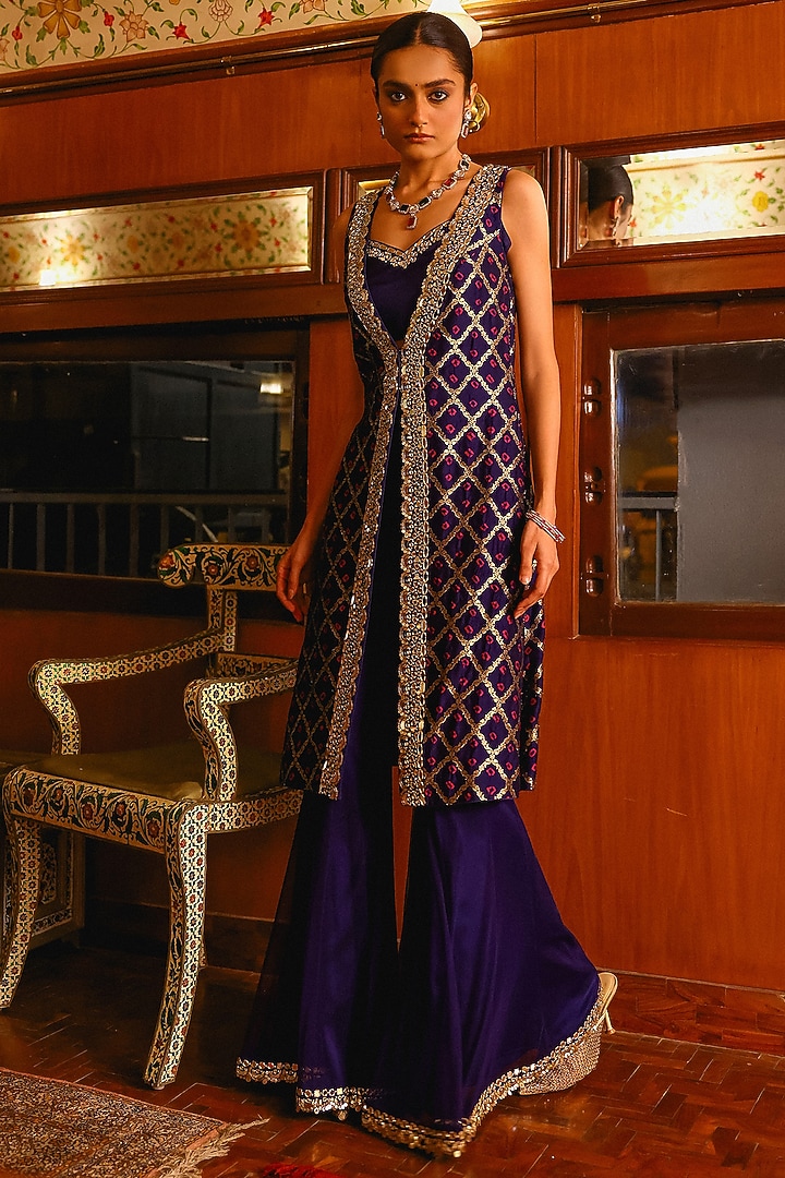 Navy Blue Pure Bandhani Silk Sequins & Zari Hand Embroidered Jacket Set by SABE at Pernia's Pop Up Shop