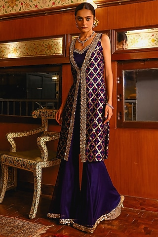 Navy Blue Pure Bandhani Silk Sequins & Zari Hand Embroidered Jacket Set by SABE