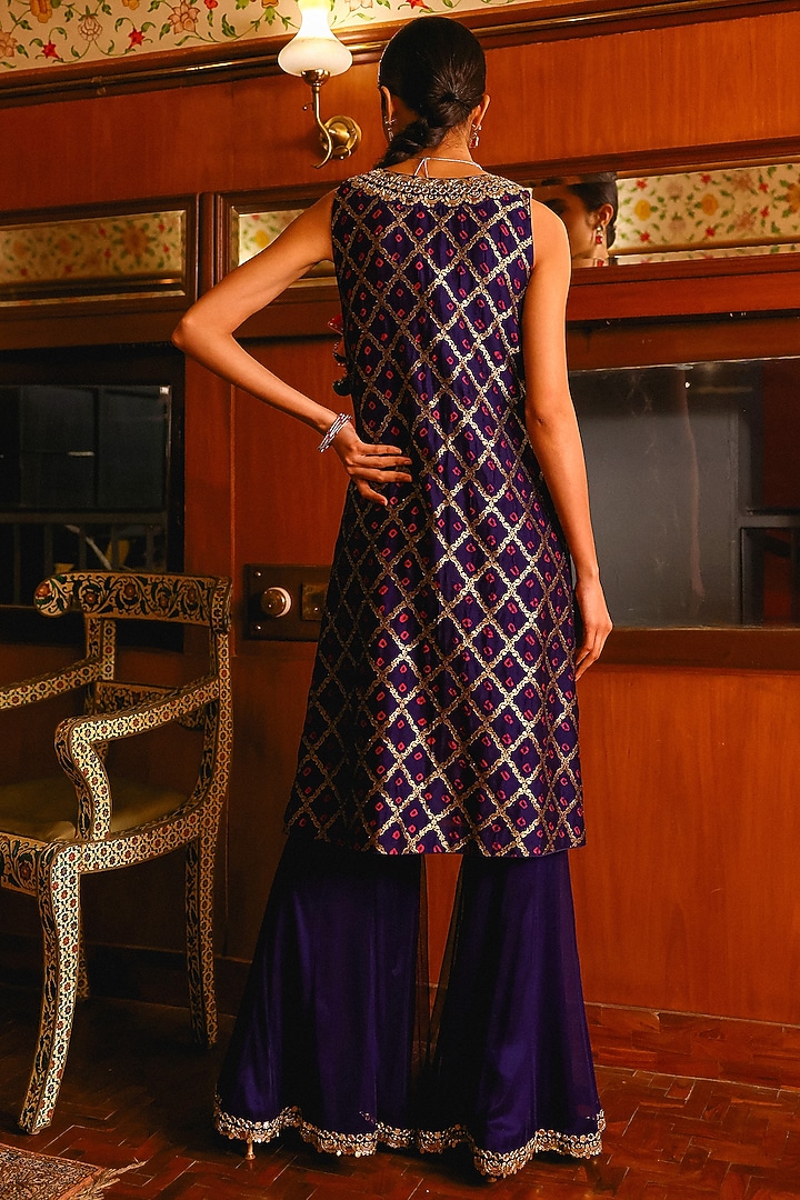 Navy Blue Pure Bandhani Silk Sequins & Zari Hand Embroidered Jacket Set by SABE at Pernia's Pop Up Shop